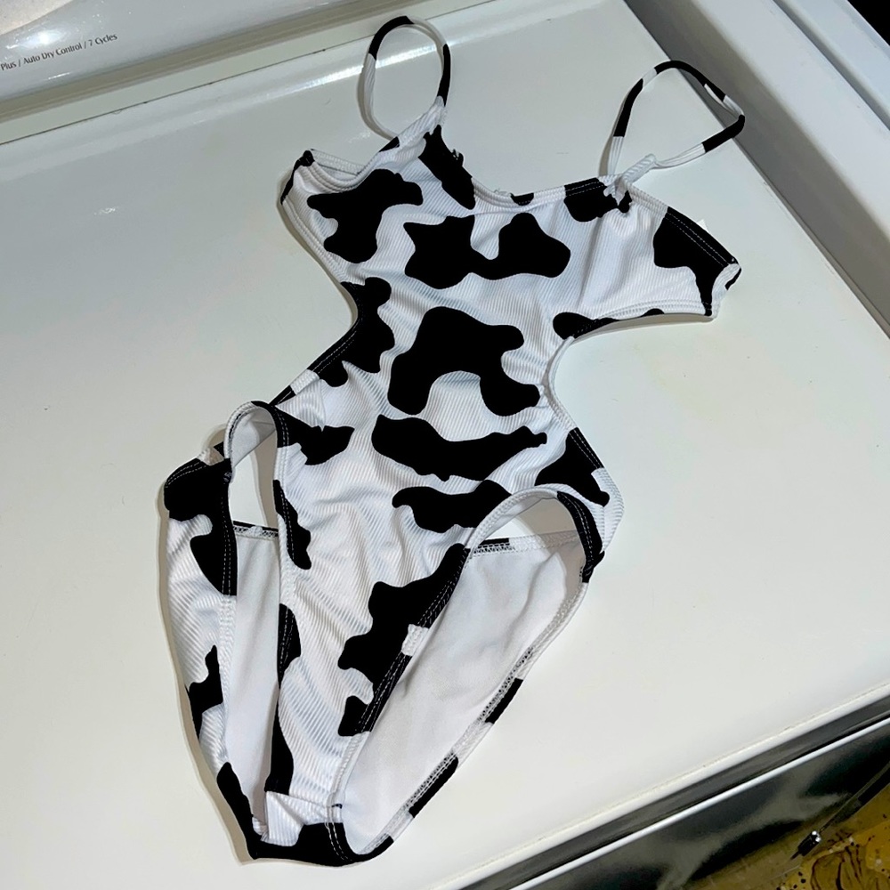 Cow print one piece swimsuit.